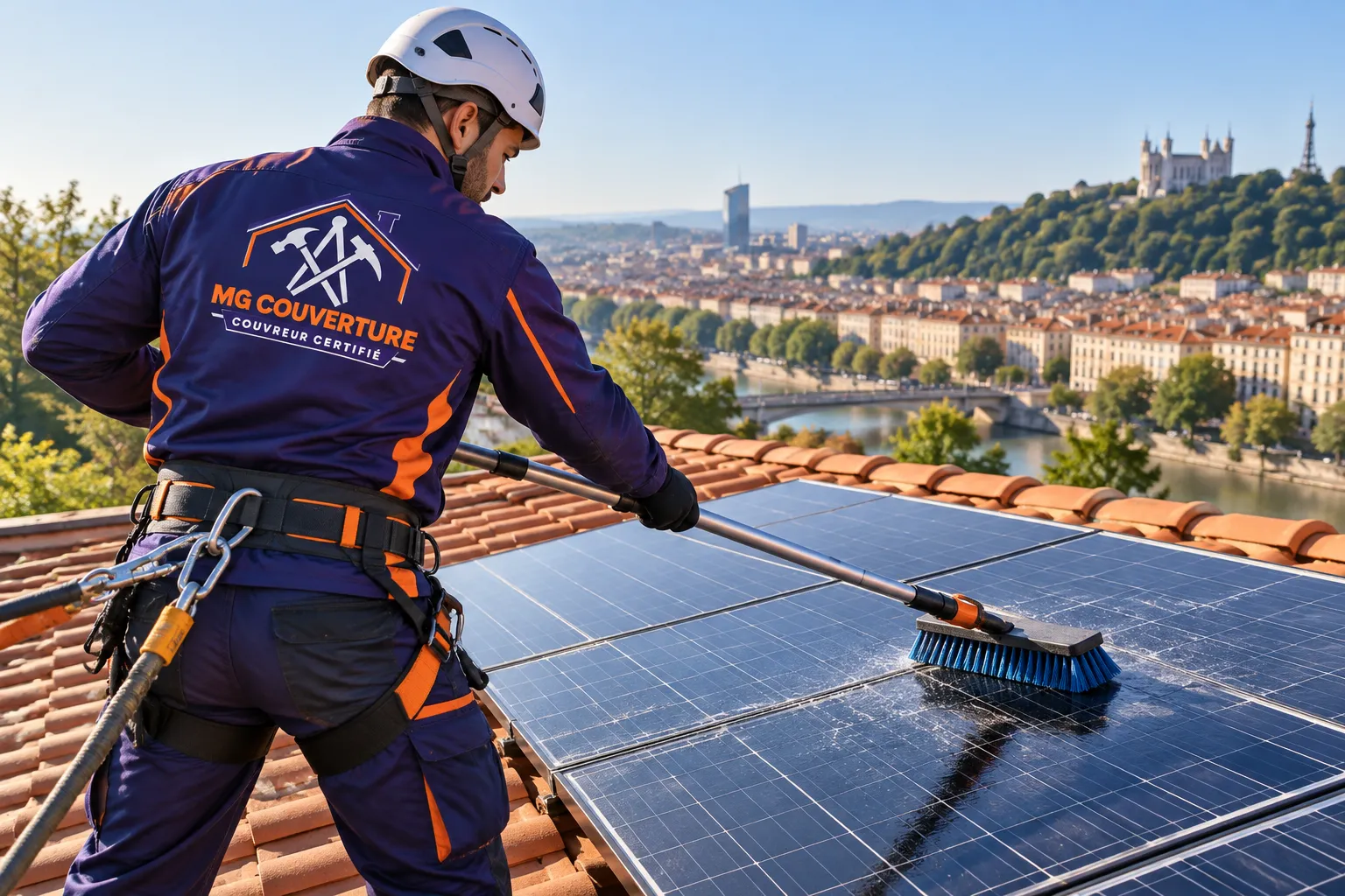 Nettoyage panneaux solaires Lyon par MG Couverture sur une toiture photovoltaïque