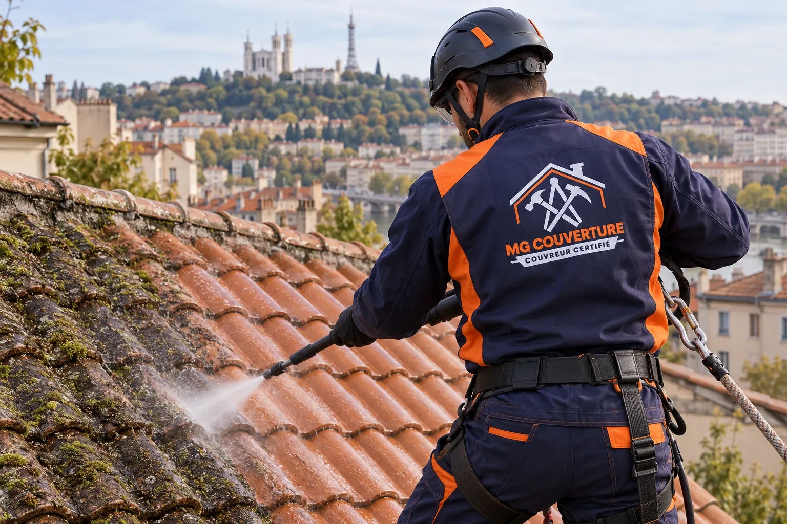Nettoyage toiture Lyon et démoussage par MG Couverture sur des tuiles