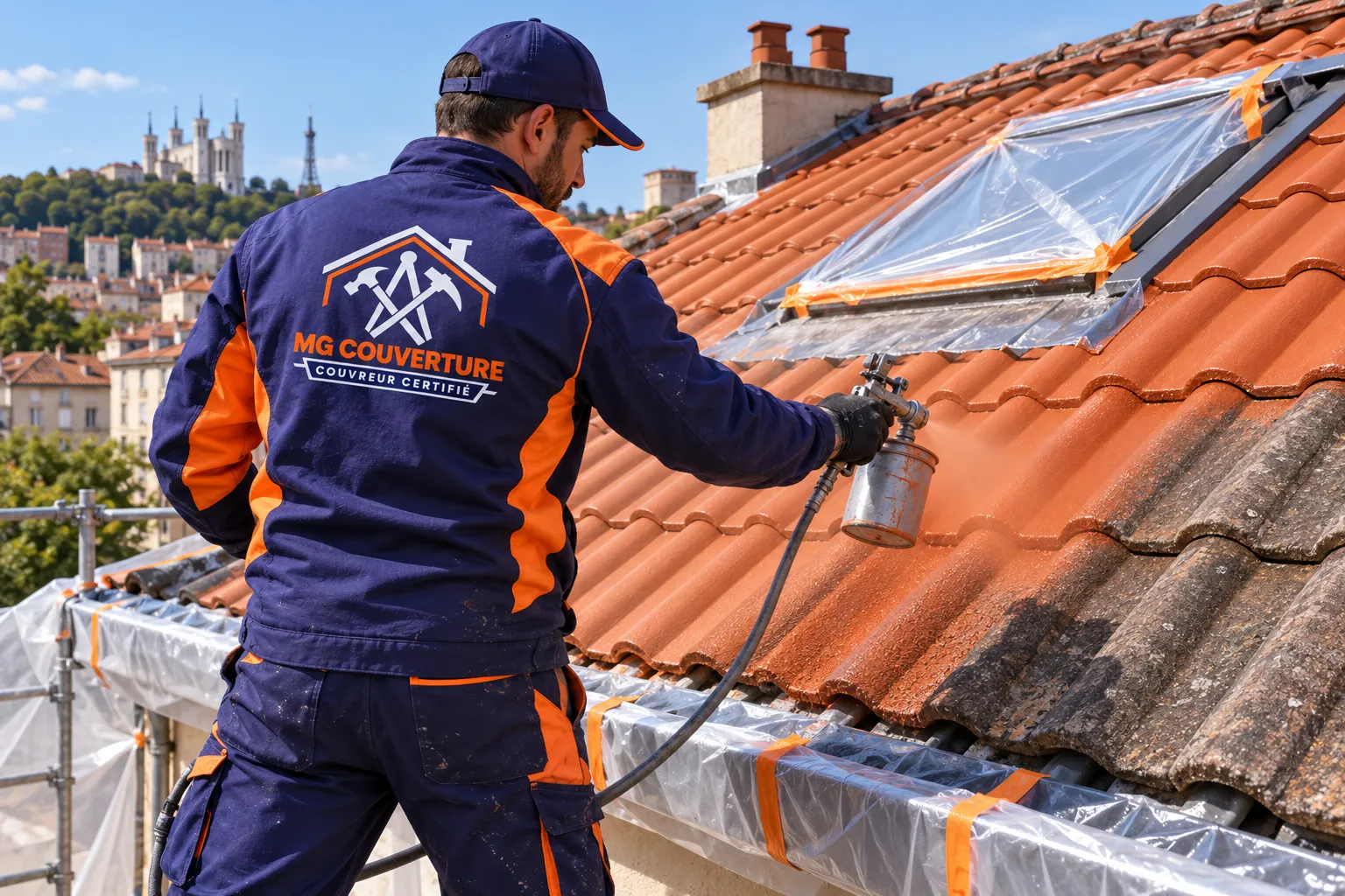 Peinture toiture Lyon avec hydrofuge coloré appliqué par MG Couverture