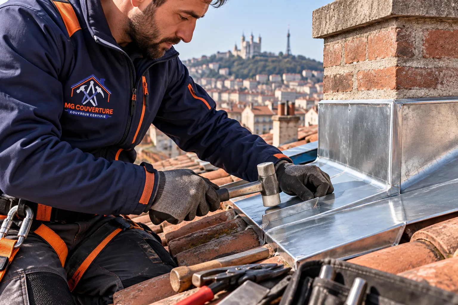 Zingueur Lyon façonnant un raccord en zinc pour une toiture MG Couverture